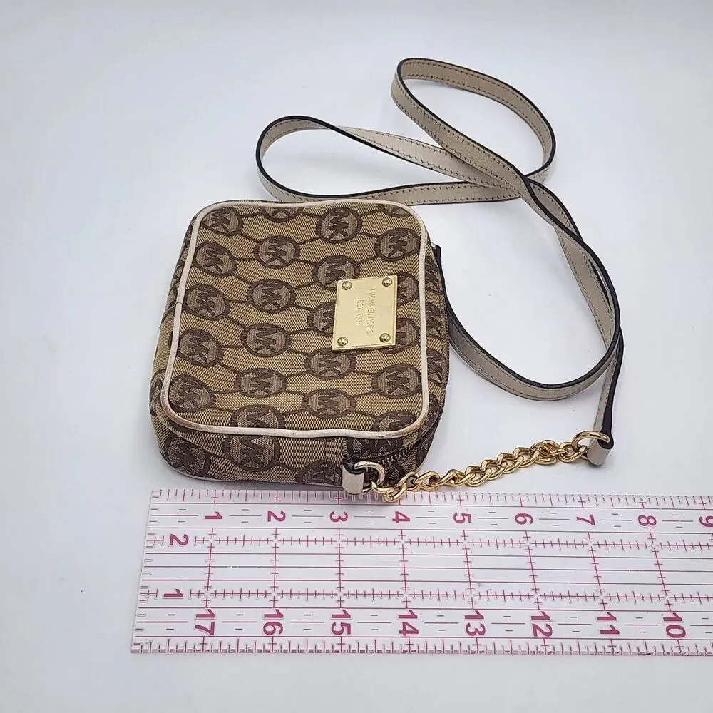 Michael Kors Monogram Jacquard MK Leather Trim Small Crossbody Bag Tan Brown